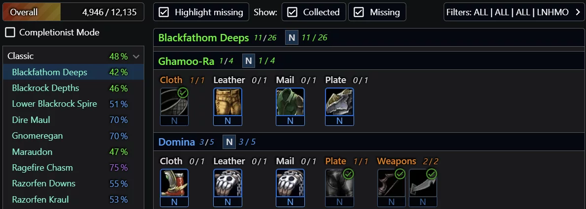 Screenshot of WoWthing Journal view